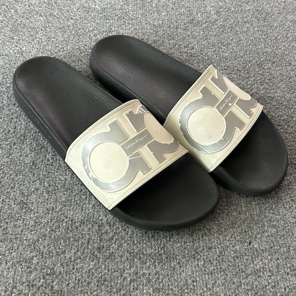 Salvatore Ferragamo Slide Sandals Mens 11 Black White Logo Rubber Gancini